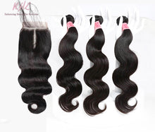 Load image into Gallery viewer, 9A BODY WAVE HAIR 3pcs lot + 4x4 Closure = Bundle Deal 100% UNPROCESSED VIRGIN HUMAN HAIR Transparent lace / HD lace