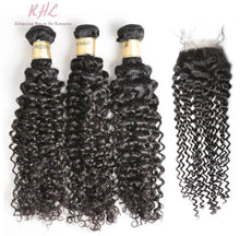 Load image into Gallery viewer, 12A CURLY HAIR 3pcs lot + 4x4 Closure = Bundle Deal 100% UNPROCESSED VIRGIN HUMAN HAIR Transparent lace / HD lace