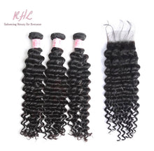 Load image into Gallery viewer, 9A DEEP WAVE HAIR 3pcs lot + 4x4 Closure = Bundle Deal 100% UNPROCESSED VIRGIN HUMAN HAIR Transparent lace / HD lace