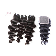 Load image into Gallery viewer, 10A LOOSE DEEP WAVE HAIR 3pcs lot + 4x4 Closure = Bundle Deal 100% UNPROCESSED VIRGIN HUMAN HAIR Transparent lace / HD lace