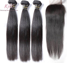 Load image into Gallery viewer, 10A STRAIGHT HAIR 3pcs lot + 4x4 Closure = Bundle Deal 100% UNPROCESSED VIRGIN HUMAN HAIR Transparent lace / HD lace