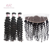 Load image into Gallery viewer, 9A DEEP WAVE HAIR 3pcs lot + 13x4 or 13x6 Frontal = Bundle Deal 100% UNPROCESSED VIRGIN HUMAN HAIR Transparent lace / HD lace