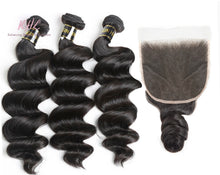 Load image into Gallery viewer, 10A LOOSE WAVE HAIR 3pcs lot + 5x5 Closure = Bundle Deal 100% UNPROCESSED VIRGIN HUMAN HAIR HD lace Closure