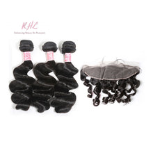 Load image into Gallery viewer, 9A LOOSE WAVE HAIR 3pcs lot + 13x4 or 13x6 Frontal = Bundle Deal 100% UNPROCESSED VIRGIN HUMAN HAIR Transparent lace / HD lace