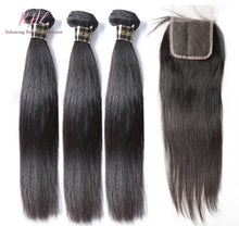 Load image into Gallery viewer, 10A STRAIGHT HAIR 3pcs lot + 4x4 Closure = Bundle Deal 100% UNPROCESSED VIRGIN HUMAN HAIR Transparent lace / HD lace