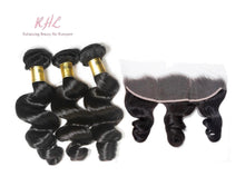 Load image into Gallery viewer, 12A LOOSE WAVE HAIR 3pcs lot + 13x4 or 13x6 Frontal = Bundle Deal 100% UNPROCESSED VIRGIN HUMAN HAIR Transparent lace / HD lace