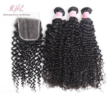 Load image into Gallery viewer, 9A CURLY HAIR 3pcs lot + 4x4 Closure = Bundle Deal 100% UNPROCESSED VIRGIN HUMAN HAIR Transparent lace / HD lace