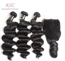 Load image into Gallery viewer, 10A LOOSE WAVE HAIR 3pcs lot + 5x5 Closure = Bundle Deal 100% UNPROCESSED VIRGIN HUMAN HAIR HD lace Closure