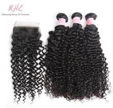 Load image into Gallery viewer, 9A CURLY HAIR 3pcs lot + 4x4 Closure = Bundle Deal 100% UNPROCESSED VIRGIN HUMAN HAIR Transparent lace / HD lace