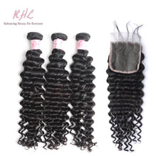 Load image into Gallery viewer, 9A DEEP WAVE HAIR 3pcs lot + 4x4 Closure = Bundle Deal 100% UNPROCESSED VIRGIN HUMAN HAIR Transparent lace / HD lace