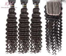 Load image into Gallery viewer, 10A DEEP WAVE HAIR 3pcs lot + 4x4 Closure = Bundle Deal 100% UNPROCESSED VIRGIN HUMAN HAIR Transparent lace / HD lace
