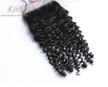 Load image into Gallery viewer, 9A CURLY HAIR 3pcs lot + 4x4 Closure = Bundle Deal 100% UNPROCESSED VIRGIN HUMAN HAIR Transparent lace / HD lace