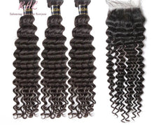 Load image into Gallery viewer, 10A DEEP WAVE HAIR 3pcs lot + 4x4 Closure = Bundle Deal 100% UNPROCESSED VIRGIN HUMAN HAIR Transparent lace / HD lace