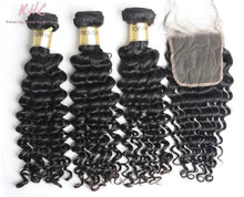 Load image into Gallery viewer, 12A DEEP WAVE HAIR 3pcs lot + 4x4 Closure = Bundle Deal 100% UNPROCESSED VIRGIN HUMAN HAIR Transparent lace / HD lace
