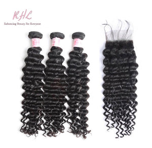 9A DEEP WAVE HAIR 3pcs lot + 4x4 Closure = Bundle Deal 100% UNPROCESSED VIRGIN HUMAN HAIR Transparent lace / HD lace