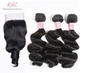 9A LOOSE WAVE HAIR 3pcs lot + 4x4 Closure = Bundle Deal 100% UNPROCESSED VIRGIN HUMAN HAIR Transparent lace / HD lace