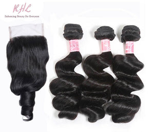 9A LOOSE WAVE HAIR 3pcs lot + 5x5 Closure = Bundle Deal 100% UNPROCESSED VIRGIN HUMAN HAIR  HD lace Closure