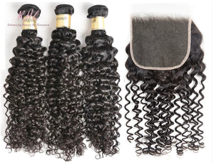 12A CURLY HAIR 3pcs lot + 5x5 Closure = Bundle Deal 100% UNPROCESSED VIRGIN HUMAN HAIR  HD lace Closure