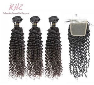 10A CURLY HAIR 3pcs lot + 4x4 Closure = Bundle Deal 100% UNPROCESSED VIRGIN HUMAN HAIR Transparent lace / HD lace