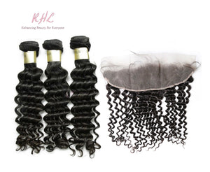 12A DEEP WAVE HAIR 3pcs lot + 13x4 or 13x6 Frontal = Bundle Deal 100% UNPROCESSED VIRGIN HUMAN HAIR Transparent lace / HD lace