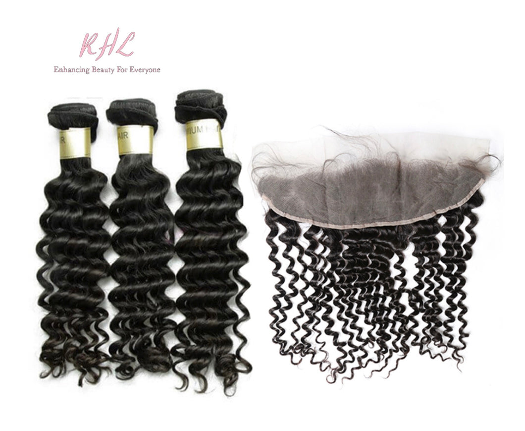 12A DEEP WAVE HAIR 3pcs lot + 13x4 or 13x6 Frontal = Bundle Deal 100% UNPROCESSED VIRGIN HUMAN HAIR Transparent lace / HD lace