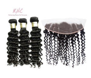 12A DEEP WAVE HAIR 3pcs lot + 13x4 or 13x6 Frontal = Bundle Deal 100% UNPROCESSED VIRGIN HUMAN HAIR Transparent lace / HD lace