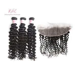 9A DEEP WAVE HAIR 3pcs lot + 13x4 or 13x6 Frontal = Bundle Deal 100% UNPROCESSED VIRGIN HUMAN HAIR Transparent lace / HD lace