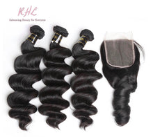 Load image into Gallery viewer, 10A LOOSE WAVE HAIR 3pcs lot + 4x4 Closure = Bundle Deal 100% UNPROCESSED VIRGIN HUMAN HAIR Transparent lace / HD lace
