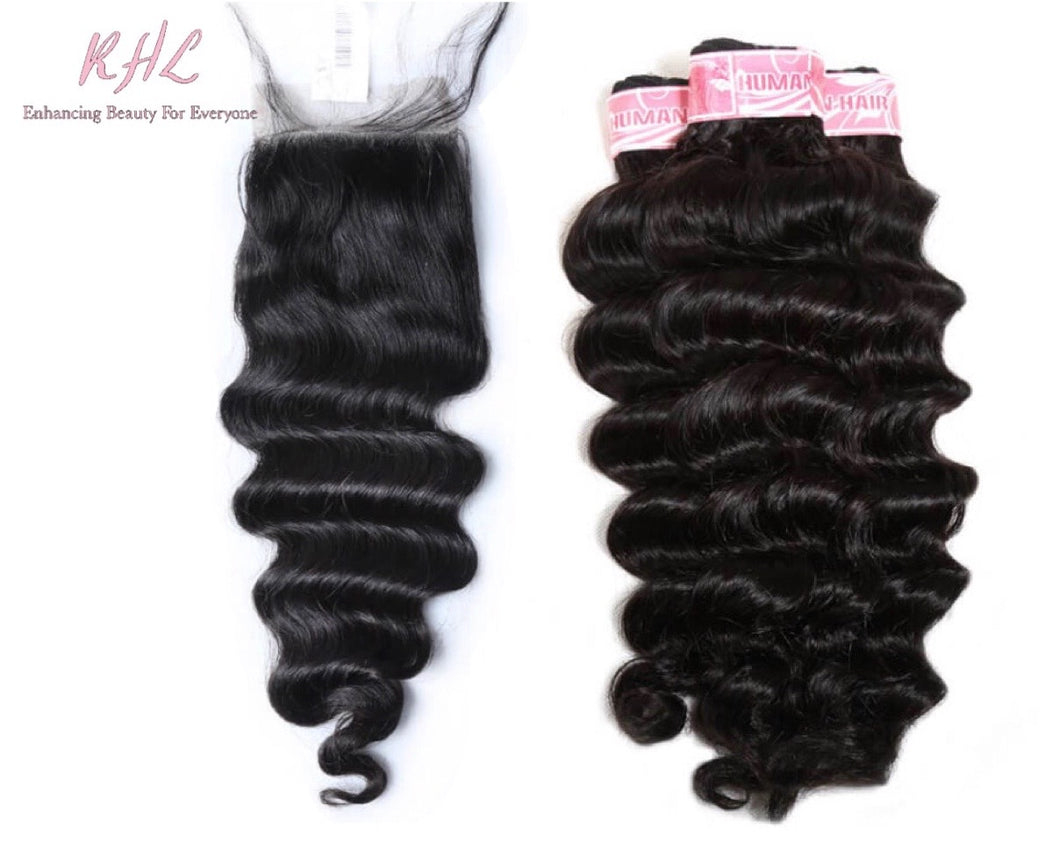 9A LOOSE DEEP WAVE HAIR 3pcs lot + 4x4 Closure = Bundle Deal 100% UNPROCESSED VIRGIN HUMAN HAIR Transparent lace / HD lace