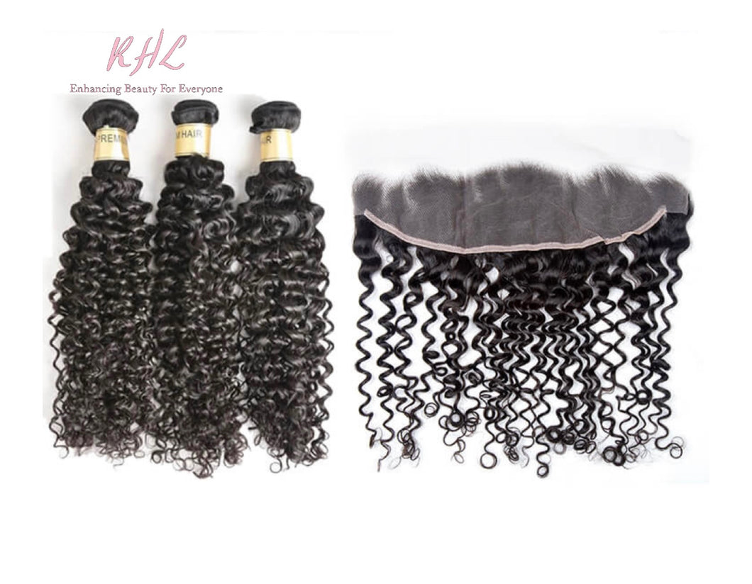 12A CURLY HAIR 3pcs lot + 13x4 or 13x6 Frontal = Bundle Deal 100% UNPROCESSED VIRGIN HUMAN HAIR Transparent lace / HD lace