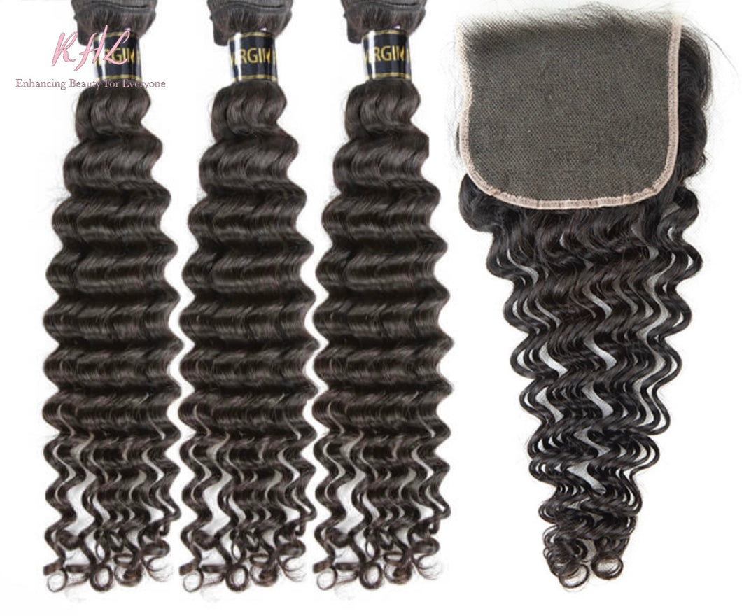 10A DEEP WAVE HAIR 3pcs lot + 5x5 Closure = Bundle Deal 100% UNPROCESSED VIRGIN HUMAN HAIR  HD lace Closure