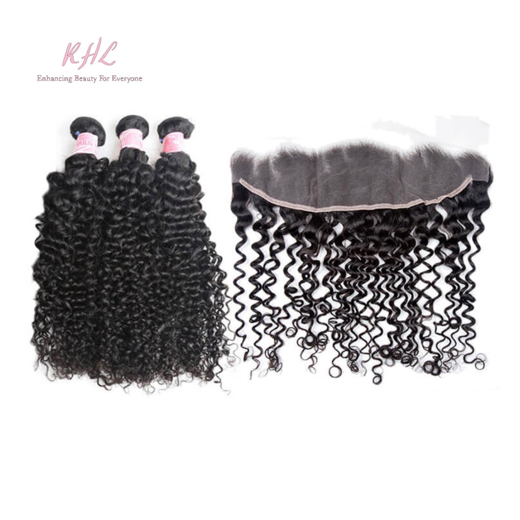 9A CURLY HAIR 3pcs lot + 13x4 or 13x6 Frontal = Bundle Deal 100% UNPROCESSED VIRGIN HUMAN HAIR Transparent lace / HD lace