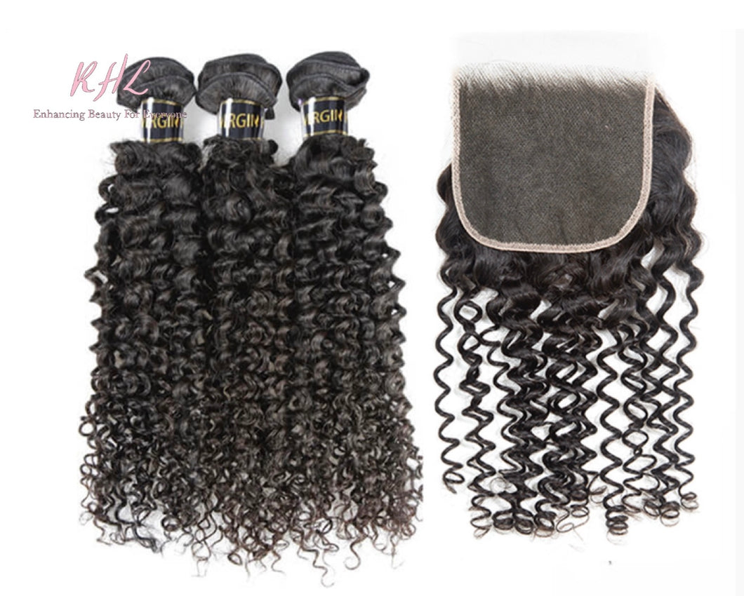 10A CURLY HAIR 3pcs lot + 5x5 Closure = Bundle Deal 100% UNPROCESSED VIRGIN HUMAN HAIR  HD lace Closure