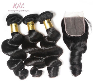 12A LOOSE WAVE HAIR 3pcs lot + 4x4 Closure = Bundle Deal 100% UNPROCESSED VIRGIN HUMAN HAIR Transparent lace / HD lace