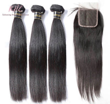 Load image into Gallery viewer, 10A STRAIGHT HAIR 3pcs lot + 4x4 Closure = Bundle Deal 100% UNPROCESSED VIRGIN HUMAN HAIR Transparent lace / HD lace
