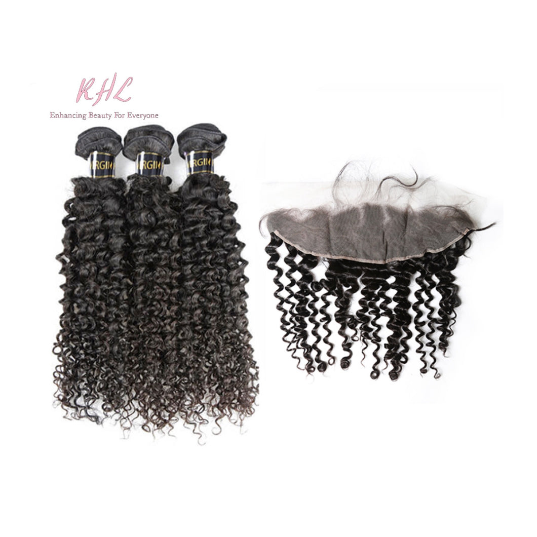 10A CURLY HAIR 3pcs lot + 13x4 or 13x6 Frontal = Bundle Deal 100% UNPROCESSED VIRGIN HUMAN HAIR Transparent lace / HD lace