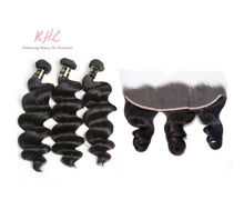 Load image into Gallery viewer, 10A LOOSE WAVE HAIR 3pcs lot + 13x4 or 13x6 Frontal = Bundle Deal 100% UNPROCESSED VIRGIN HUMAN HAIR Transparent lace / HD lace
