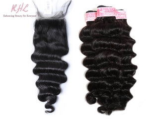 9A LOOSE DEEP WAVE HAIR 3pcs lot + 5x5 Closure = Bundle Deal 100% UNPROCESSED VIRGIN HUMAN HAIR  HD lace Closure