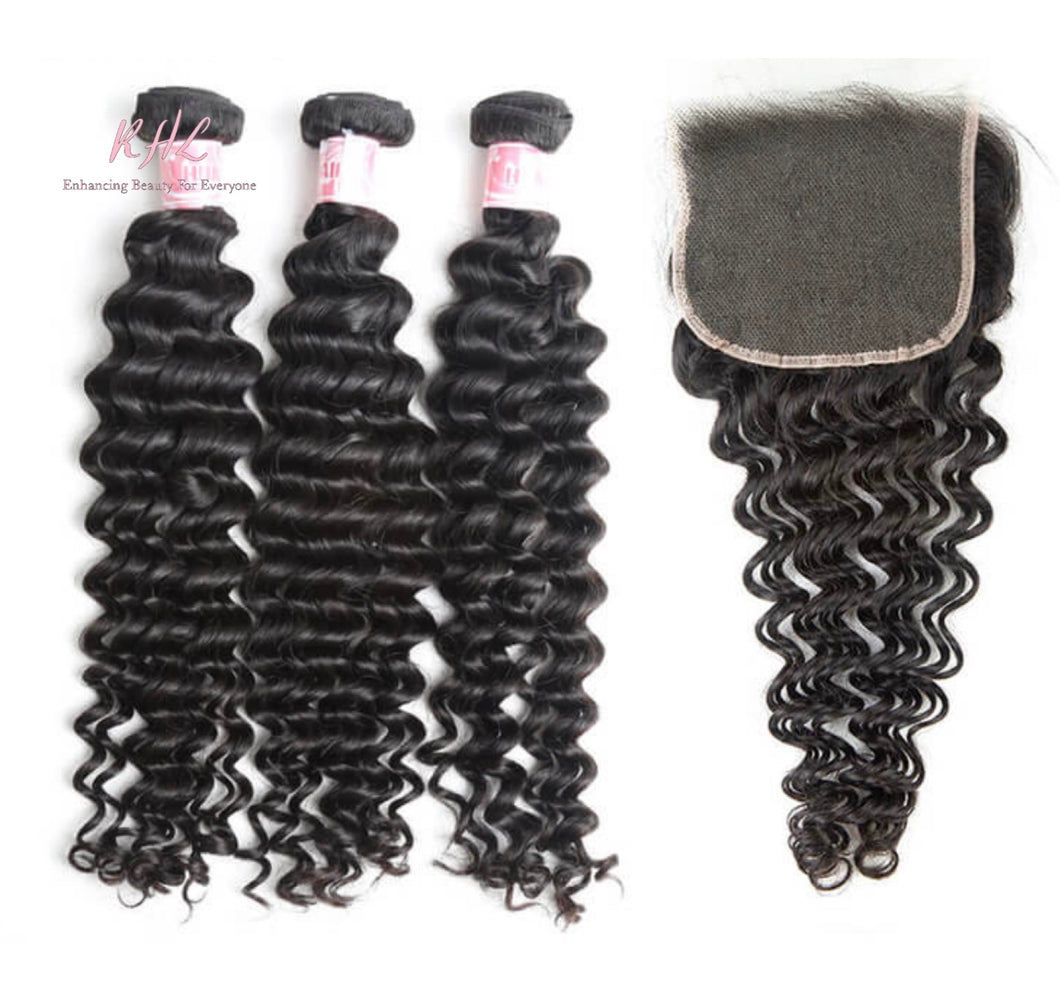 9A DEEP WAVE HAIR 3pcs lot + 5x5 Closure = Bundle Deal 100% UNPROCESSED VIRGIN HUMAN HAIR  HD lace Closure