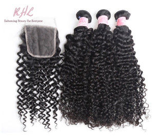 9A CURLY HAIR 3pcs lot + 4x4 Closure = Bundle Deal 100% UNPROCESSED VIRGIN HUMAN HAIR Transparent lace / HD lace