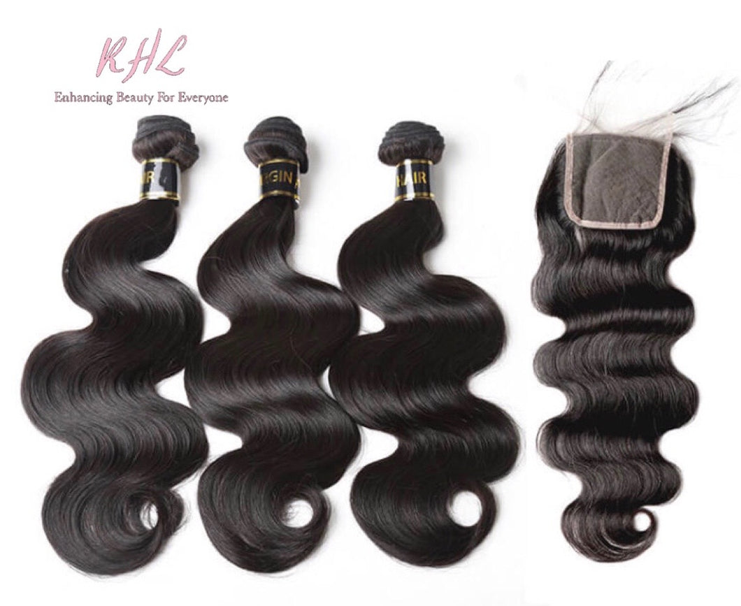 10A BODY WAVE HAIR 3pcs lot + 4x4 Closure = Bundle Deal 100% UNPROCESSED VIRGIN HUMAN HAIR Transparent lace / HD lace