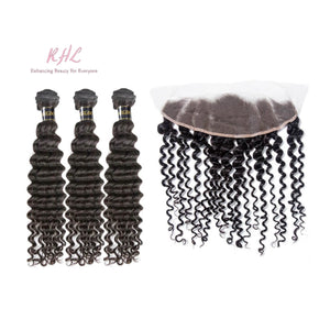 10A DEEP WAVE HAIR 3pcs lot + 13x4 or 13x6 Frontal = Bundle Deal 100% UNPROCESSED VIRGIN HUMAN HAIR Transparent lace / HD lace