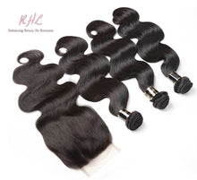 Load image into Gallery viewer, 10A BODY WAVE HAIR 3pcs lot + 4x4 Closure = Bundle Deal 100% UNPROCESSED VIRGIN HUMAN HAIR Transparent lace / HD lace
