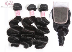 9A LOOSE WAVE HAIR 3pcs lot + 4x4 Closure = Bundle Deal 100% UNPROCESSED VIRGIN HUMAN HAIR Transparent lace / HD lace