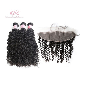 9A CURLY HAIR 3pcs lot + 13x4 or 13x6 Frontal = Bundle Deal 100% UNPROCESSED VIRGIN HUMAN HAIR Transparent lace / HD lace