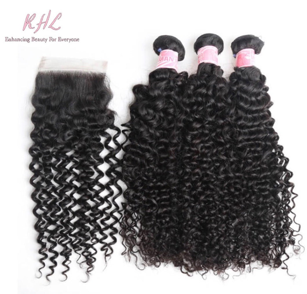 9A CURLY HAIR 3pcs lot + 4x4 Closure = Bundle Deal 100% UNPROCESSED VIRGIN HUMAN HAIR Transparent lace / HD lace