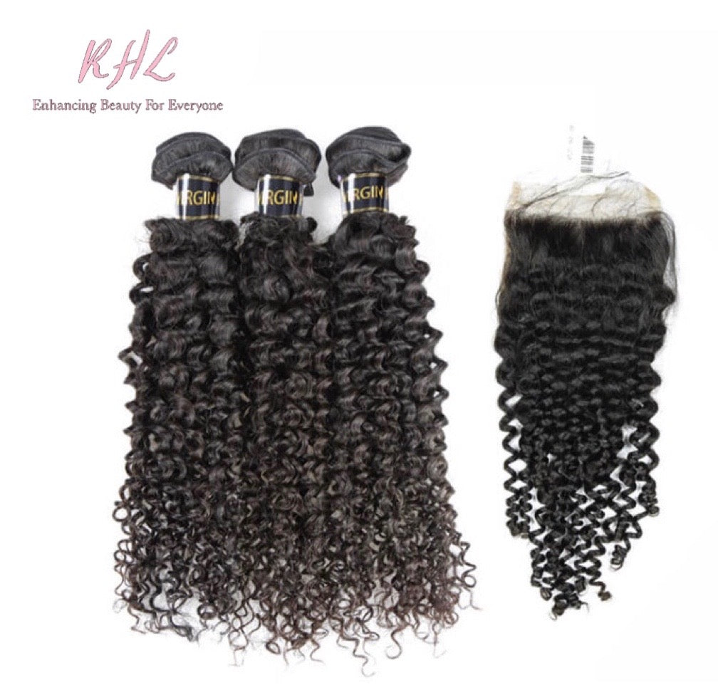 10A CURLY HAIR 3pcs lot + 4x4 Closure = Bundle Deal 100% UNPROCESSED VIRGIN HUMAN HAIR Transparent lace / HD lace