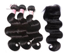 Load image into Gallery viewer, 9A BODY WAVE HAIR 3pcs lot + 4x4 Closure = Bundle Deal 100% UNPROCESSED VIRGIN HUMAN HAIR Transparent lace / HD lace
