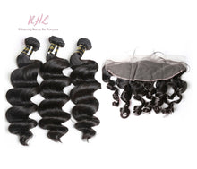 Load image into Gallery viewer, 10A LOOSE WAVE HAIR 3pcs lot + 13x4 or 13x6 Frontal = Bundle Deal 100% UNPROCESSED VIRGIN HUMAN HAIR Transparent lace / HD lace
