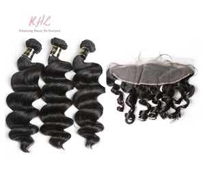 10A LOOSE WAVE HAIR 3pcs lot + 13x4 or 13x6 Frontal = Bundle Deal 100% UNPROCESSED VIRGIN HUMAN HAIR Transparent lace / HD lace